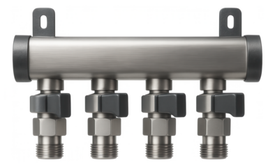 A stainless steel collector group for a residential apartment, equipped with integrated shut-off valves for each outlet to allow easy maintenance.
