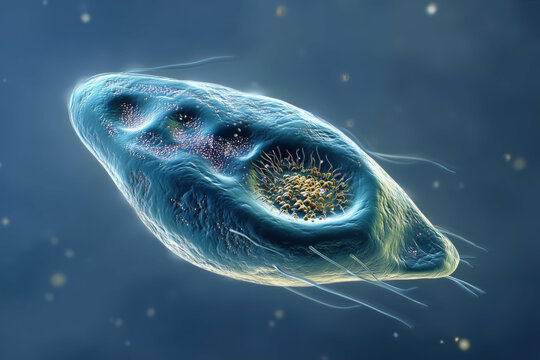 Single celled microorganism floating in liquid environment, showing detailed internal structures and cilia, representing microscopic protozoan observed under magnification