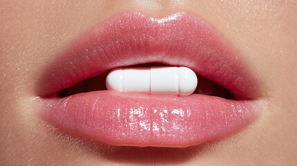 Fototapeta premium Woman lips holding white pill capsule medication healthcare supplement beauty treatment concept