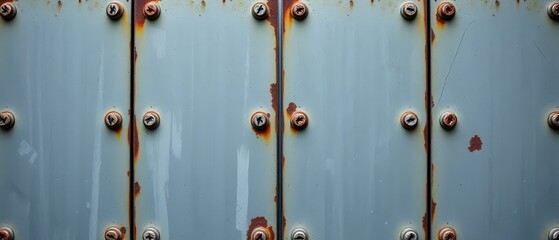 Close-up of four weathered metal panels bolted together