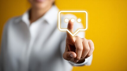 A woman interacts with digital communication icons on a bright background.