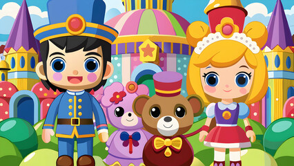 Naklejka premium Cute cartoon prince princess and teddy bears in a colorful fantasy kingdom with castles and whimsical trees