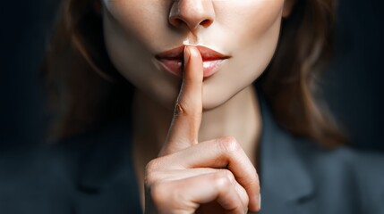A woman silently signals for quiet with her finger to her lips in a dark environment.