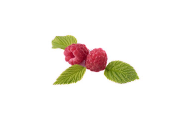 Two raspberries surrounded by three leaves are isolated on a white background