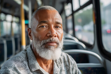Mature African American man sitting in a public bus, looking thoughtfully out the window