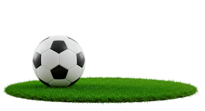 A soccer ball resting on a patch of green grass against a dark background in a studio setting