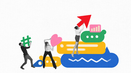 Collage in digital pop-art style with team building social media pyramid. Concept of cooperation,...