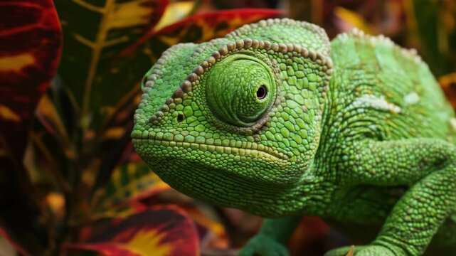 A close-up captures a vibrant green chameleon amidst colorful foliage, emphasizing its textured skin and expressive eye, revealing nature's detail