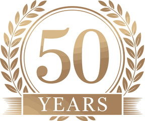golden 50-year anniversary emblem with laurel wreath and banner design on white background, celebrating five-decade milestone in style
