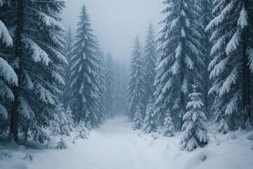 Misty forest path in winter.