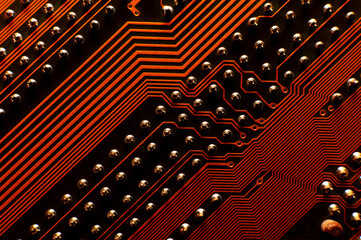 Macro photography of electronic circuit. Technology symbol. Close-up, computer parts. Computer...