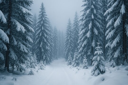 Misty forest path in winter.