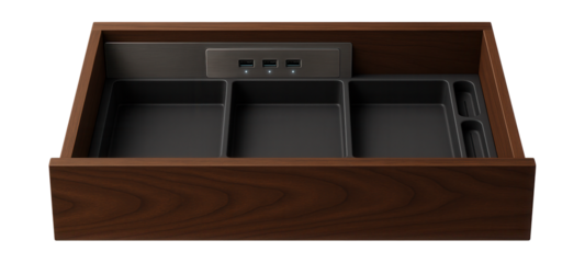 Integrated charging station drawer for a hallway console table, keeping electronic devices organized and powered.