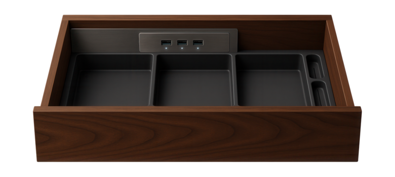 Integrated charging station drawer for a hallway console table, keeping electronic devices organized and powered.