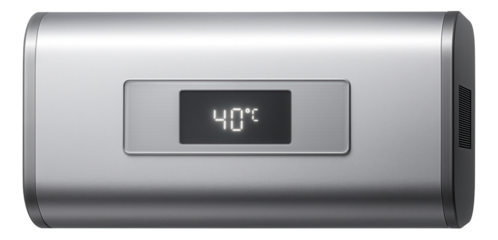 Horizontal tank water heater suitable for a cottage, with a flat rectangular design and silver metallic exterior.