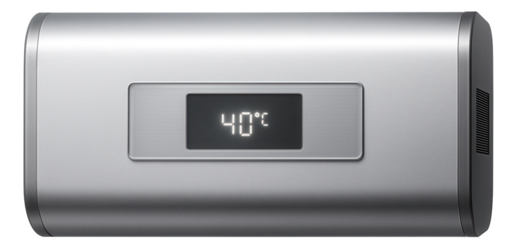 Horizontal tank water heater suitable for a cottage, with a flat rectangular design and silver metallic exterior.