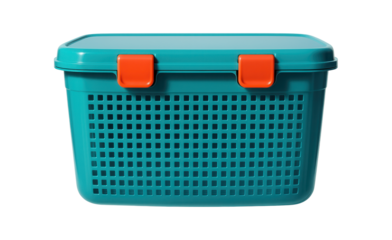 Brightly colored plastic basket with a clip-on lid, perfect for holding craft supplies in a playroom.