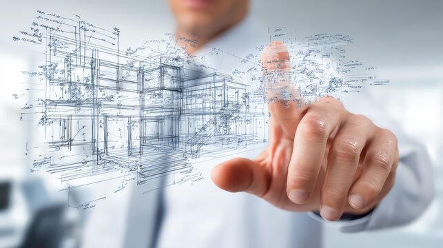 Professional engineer interacting with architectural design hologram in modern office. - Powered by Adobe