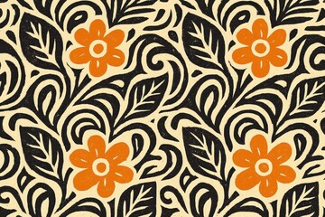 Organic Linocut Pattern with Stylized Flowers and Leaves in Black and Orange