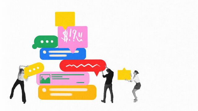 Digital collage with business people balancing oversized speech bubbles. Concept of teamwork in digital communication, online feedback, user response, social platform dynamics.