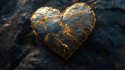 A metallic, cracked heart rests on dark rock.  Golden seams highlight the fracture