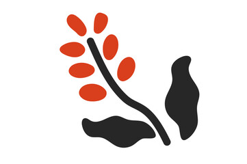 Minimalistic coffee plant branch with red coffee cherries and two black leaves.