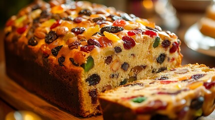 A rich fruit cake packed with dried fruits and nuts, topped with a smooth layer of marzipan.

