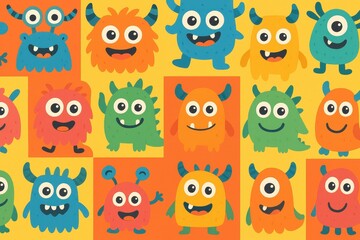 Obraz premium Playful Monster Pattern with Colorful Monsters in Bright Orange, Green, and Blue