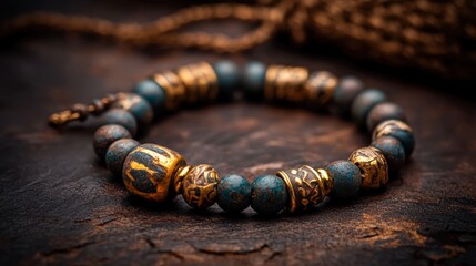A close-up of an intricately designed bracelet featuring blue beads and gold accents, set against a dark, textured background, Ideal for use in jewelry catalogs, e-commerce sites, or fashion blogs,