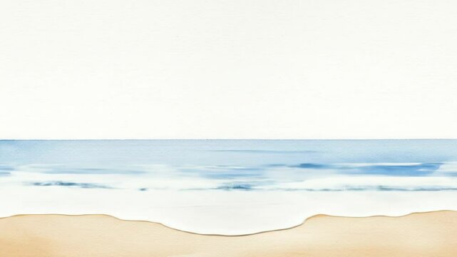 An abstract watercolor depiction of a beach scene, the upper half white, a blue ocean with foamy waves, and a beige sand shore