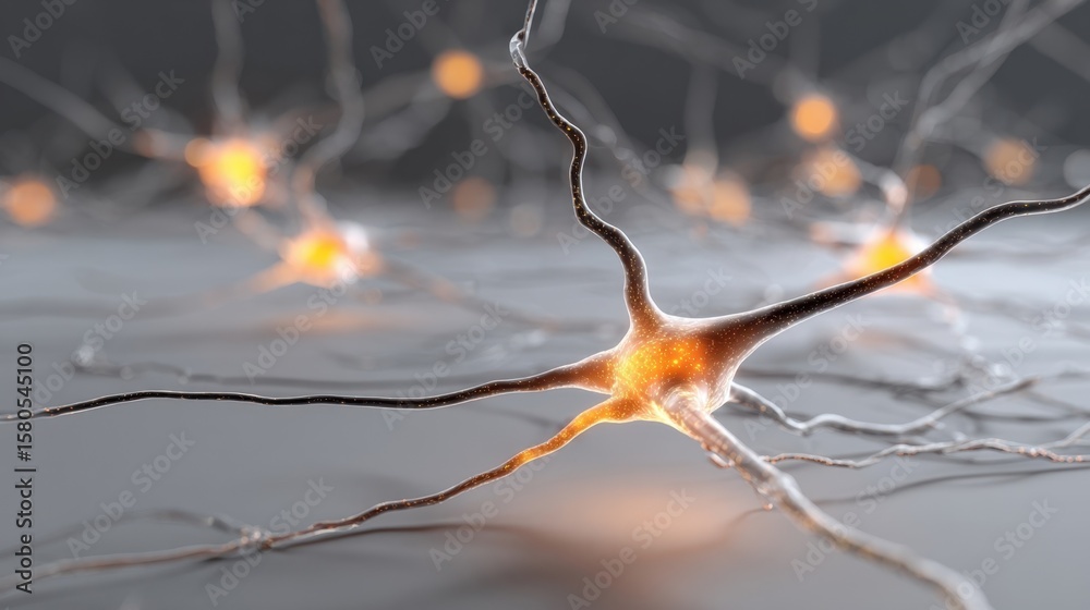 Poster dynamic graphic of glowing neural circuits intertwining across a minimalist gray scene focusing on t