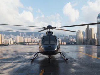 Helicopter parked on city rooftop with skyline in background
