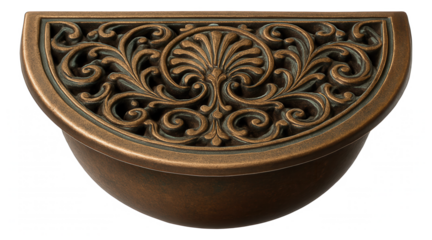 Decorative rainwater catch basin for a residential porch, crafted from bronze with ornate patterns on the grate.