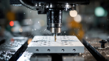 A close-up shot of a vertical milling machine, working over a white plexiglass sheet with small holes, on which is placed a black acrylic block. precision engineering. 3d illustration.