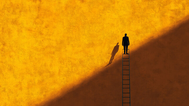 A silhouette stands atop a ladder against a yellow wall, representing success and ambition.