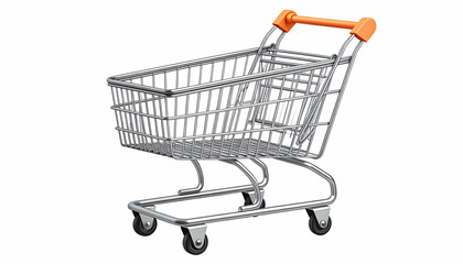 Silver Shopping Cart with Orange Handle on White Background