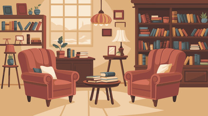 Minimalist Vector SVG Illustration of Cozy Living Room with Armchairs Bookshelves and Lighting in Flat Design Style