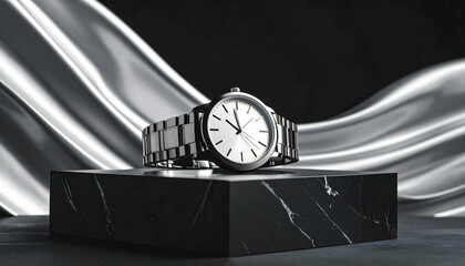 Silver Wristwatch on Black Marble Display with Silver Silk Drape