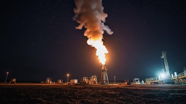 Flame erupts from oil rig in remote desert location at night under starry sky