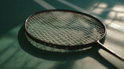 A badminton, the racket shadow falls on the badminton, the background is a badminton court. Close up view of badminton racket on the badminton court Vintage color.

