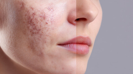 Obraz premium Closeup skin problem with acne diseases, Close up woman face with pimples, Scar and oily greasy face, Beauty concept. Pimples, acne, pores, scars. on grey background.