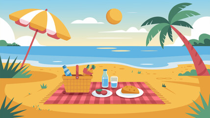 Fototapeta premium Vector SVG Illustration of Beach Scene with Picnic Setup in Modern Flat Style with Bright Colors