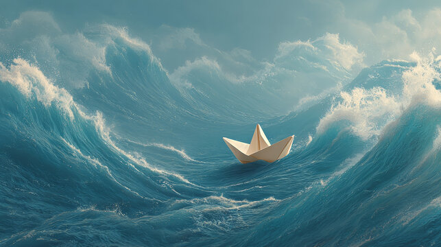 A tiny paper boat faces gigantic waves in a vast, turbulent ocean. - Powered by Adobe