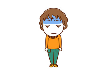 （全身正面）真っ青な顔色で不機嫌になりながら白人少年