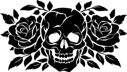Black silhouette of a skull surrounded by roses and leaves in a symmetrical arrangement design graphic