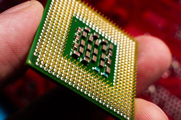 computer support engineer installs a processor. A microprocessor with the silicon core and cache...