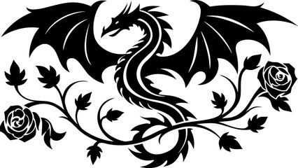 Stylized dragon with wings outstretched surrounded by roses and leaves in black and white design
