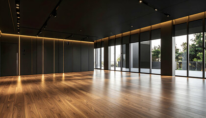 Spacious Modern Room with Wooden Floor and Glass Walls