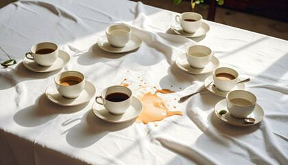 Spilled Coffee on White Tablecloth with Nine Cups