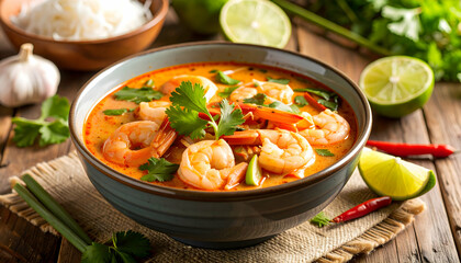 Spicy Shrimp Tom Yum Soup with Rice Noodles